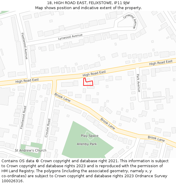 18, HIGH ROAD EAST, FELIXSTOWE, IP11 9JW: Location map and indicative extent of plot