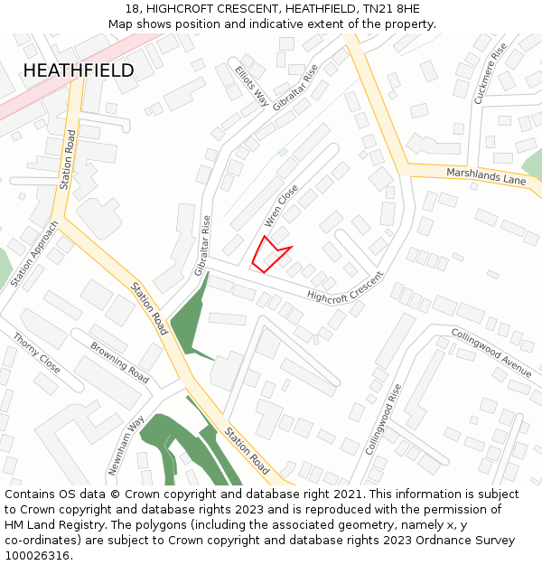 18, HIGHCROFT CRESCENT, HEATHFIELD, TN21 8HE: Location map and indicative extent of plot