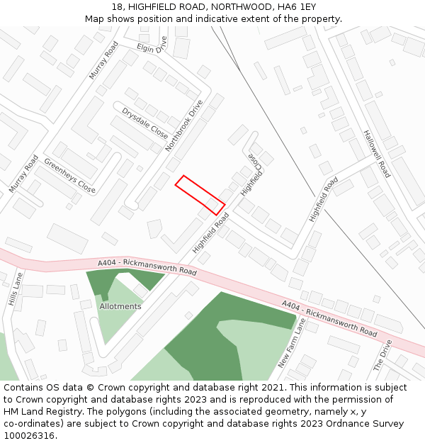 18, HIGHFIELD ROAD, NORTHWOOD, HA6 1EY: Location map and indicative extent of plot