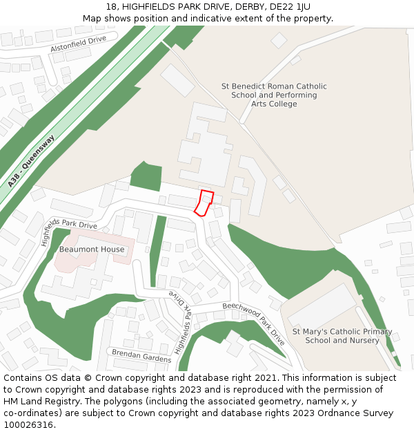 18, HIGHFIELDS PARK DRIVE, DERBY, DE22 1JU: Location map and indicative extent of plot