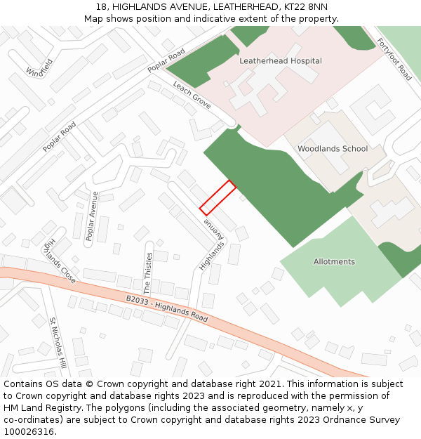 18, HIGHLANDS AVENUE, LEATHERHEAD, KT22 8NN: Location map and indicative extent of plot