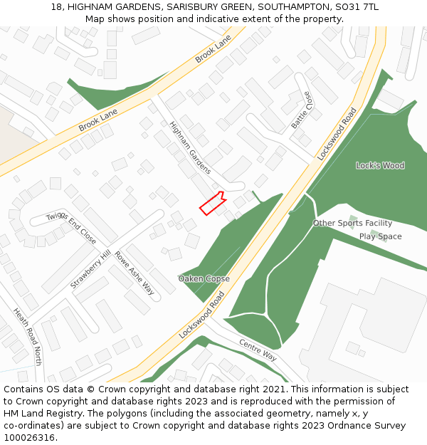 18, HIGHNAM GARDENS, SARISBURY GREEN, SOUTHAMPTON, SO31 7TL: Location map and indicative extent of plot