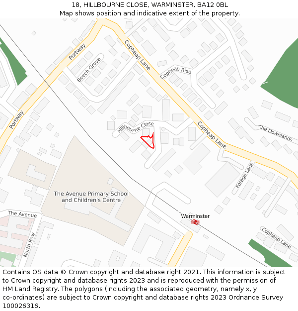 18, HILLBOURNE CLOSE, WARMINSTER, BA12 0BL: Location map and indicative extent of plot