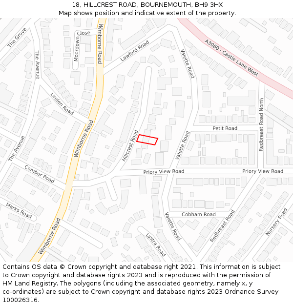 18, HILLCREST ROAD, BOURNEMOUTH, BH9 3HX: Location map and indicative extent of plot