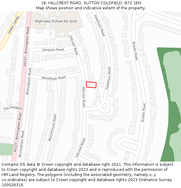 18, HILLCREST ROAD, SUTTON COLDFIELD, B72 1EN: Location map and indicative extent of plot