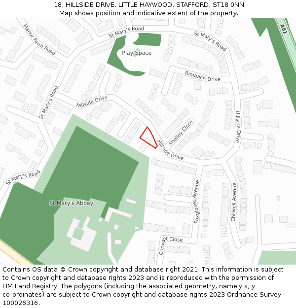 18, HILLSIDE DRIVE, LITTLE HAYWOOD, STAFFORD, ST18 0NN: Location map and indicative extent of plot