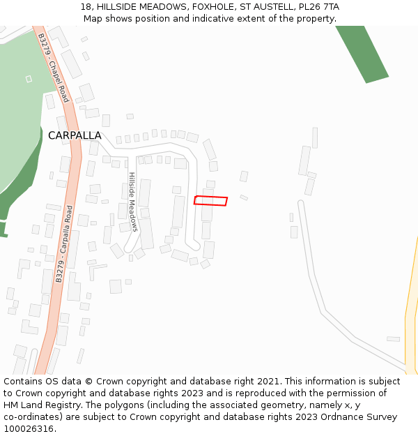 18, HILLSIDE MEADOWS, FOXHOLE, ST AUSTELL, PL26 7TA: Location map and indicative extent of plot