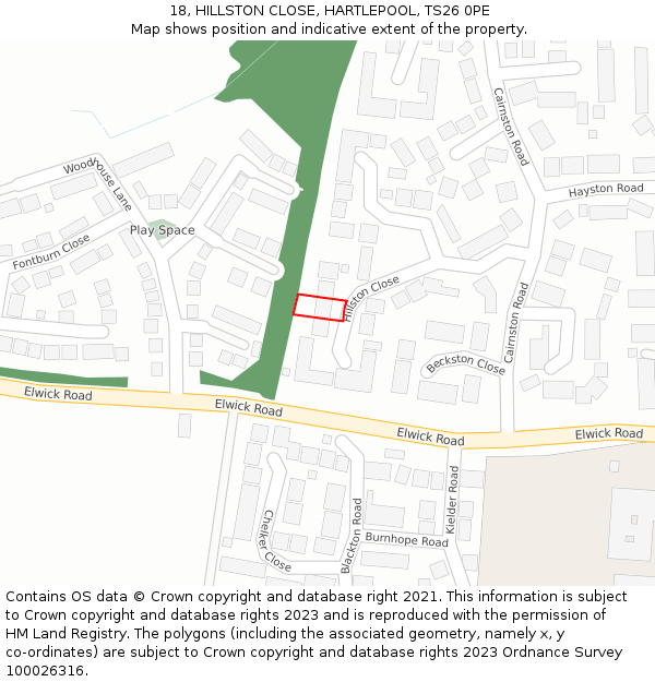 18, HILLSTON CLOSE, HARTLEPOOL, TS26 0PE: Location map and indicative extent of plot