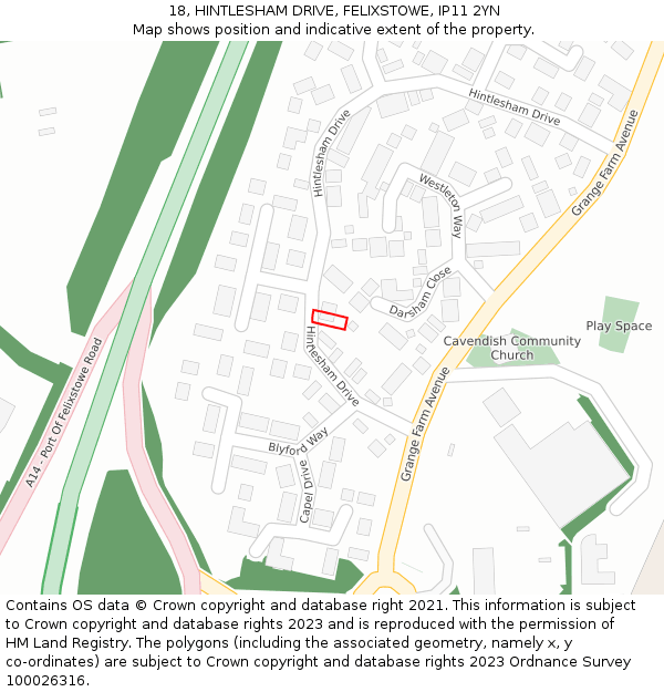 18, HINTLESHAM DRIVE, FELIXSTOWE, IP11 2YN: Location map and indicative extent of plot