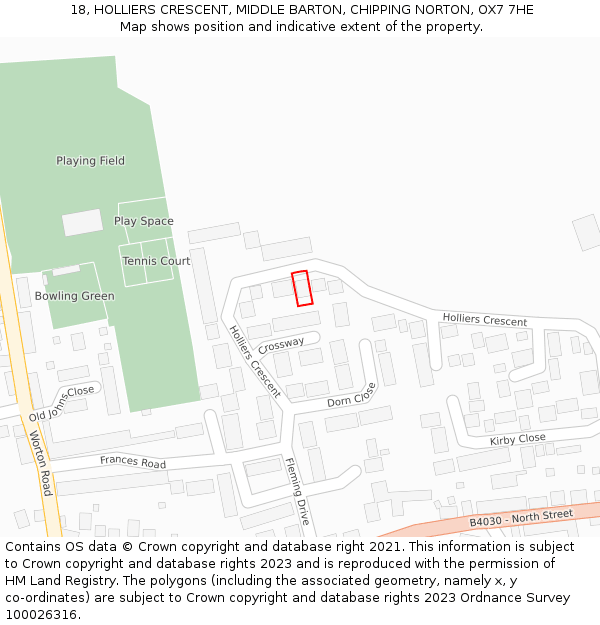 18, HOLLIERS CRESCENT, MIDDLE BARTON, CHIPPING NORTON, OX7 7HE: Location map and indicative extent of plot