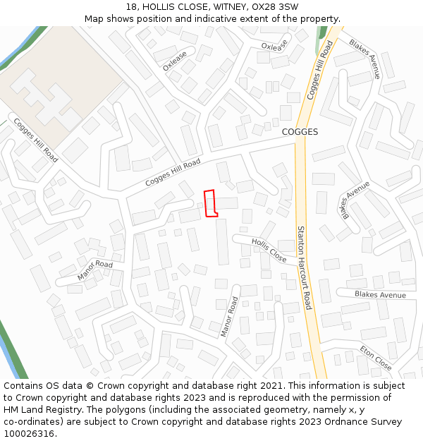 18, HOLLIS CLOSE, WITNEY, OX28 3SW: Location map and indicative extent of plot