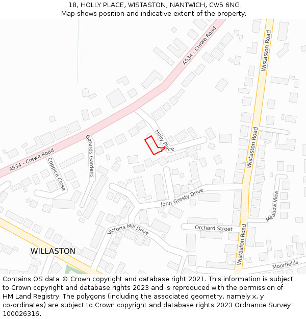 18, HOLLY PLACE, WISTASTON, NANTWICH, CW5 6NG: Location map and indicative extent of plot