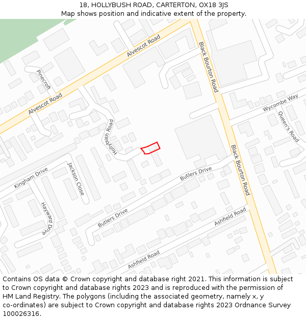 18, HOLLYBUSH ROAD, CARTERTON, OX18 3JS: Location map and indicative extent of plot