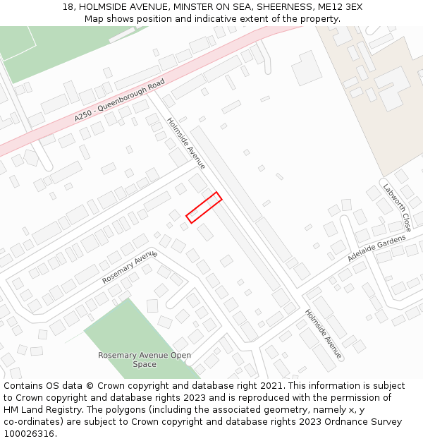 18, HOLMSIDE AVENUE, MINSTER ON SEA, SHEERNESS, ME12 3EX: Location map and indicative extent of plot