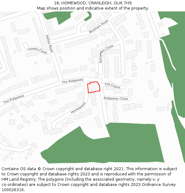 18, HOMEWOOD, CRANLEIGH, GU6 7HS: Location map and indicative extent of plot