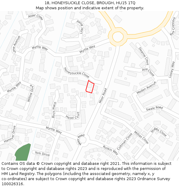 18, HONEYSUCKLE CLOSE, BROUGH, HU15 1TQ: Location map and indicative extent of plot