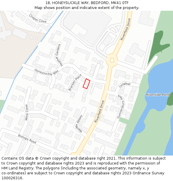 18, HONEYSUCKLE WAY, BEDFORD, MK41 0TF: Location map and indicative extent of plot