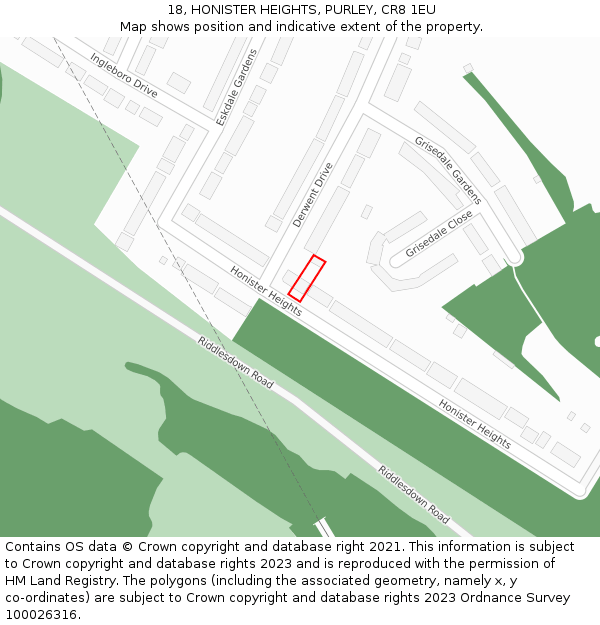 18, HONISTER HEIGHTS, PURLEY, CR8 1EU: Location map and indicative extent of plot