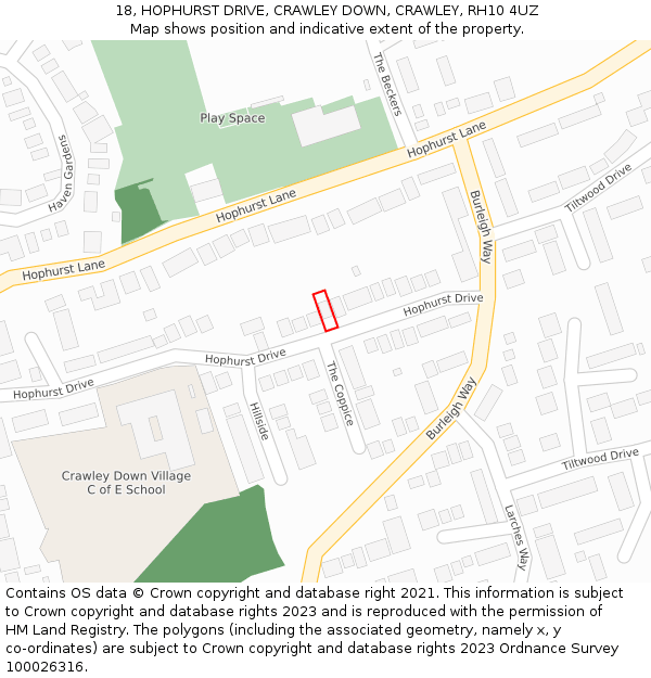 18, HOPHURST DRIVE, CRAWLEY DOWN, CRAWLEY, RH10 4UZ: Location map and indicative extent of plot