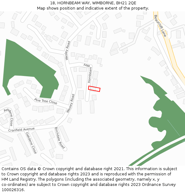 18, HORNBEAM WAY, WIMBORNE, BH21 2QE: Location map and indicative extent of plot
