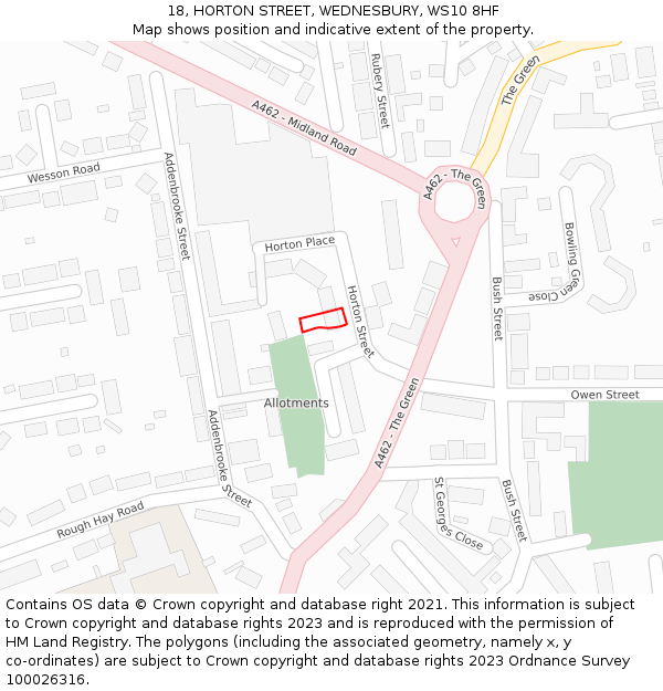 18, HORTON STREET, WEDNESBURY, WS10 8HF: Location map and indicative extent of plot