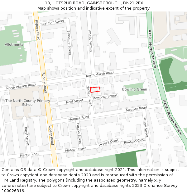 18, HOTSPUR ROAD, GAINSBOROUGH, DN21 2RX: Location map and indicative extent of plot