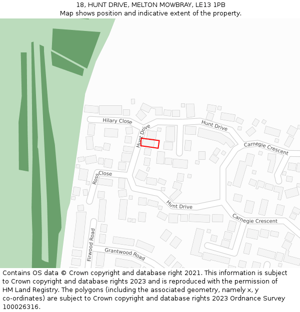 18, HUNT DRIVE, MELTON MOWBRAY, LE13 1PB: Location map and indicative extent of plot