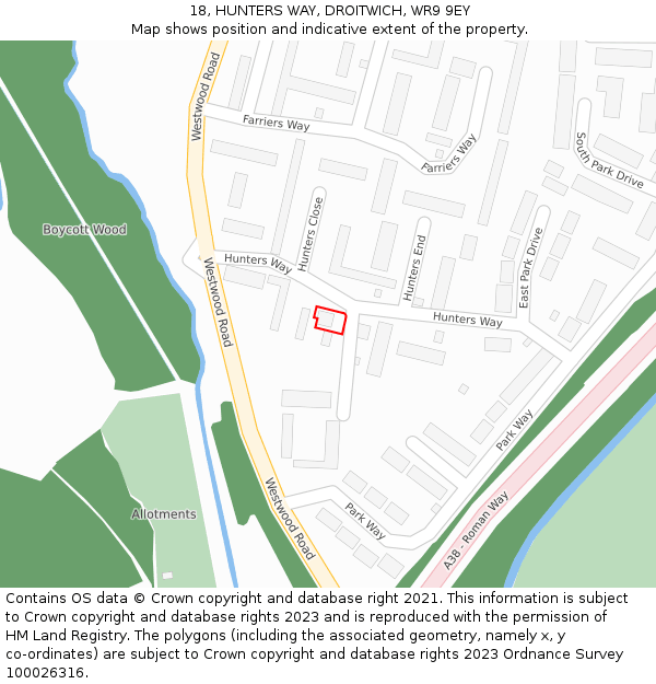 18, HUNTERS WAY, DROITWICH, WR9 9EY: Location map and indicative extent of plot