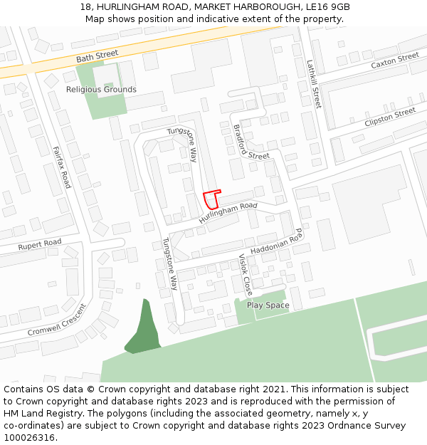 18, HURLINGHAM ROAD, MARKET HARBOROUGH, LE16 9GB: Location map and indicative extent of plot