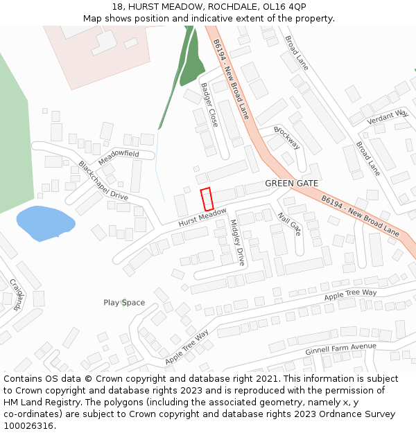 18, HURST MEADOW, ROCHDALE, OL16 4QP: Location map and indicative extent of plot