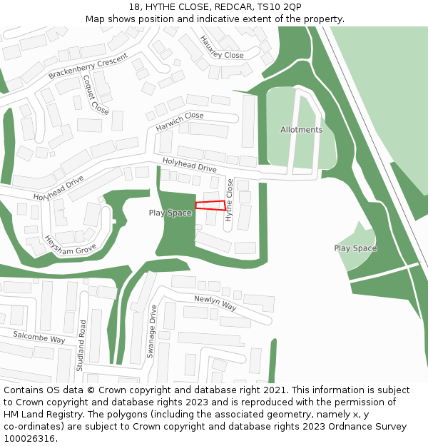 18, HYTHE CLOSE, REDCAR, TS10 2QP: Location map and indicative extent of plot