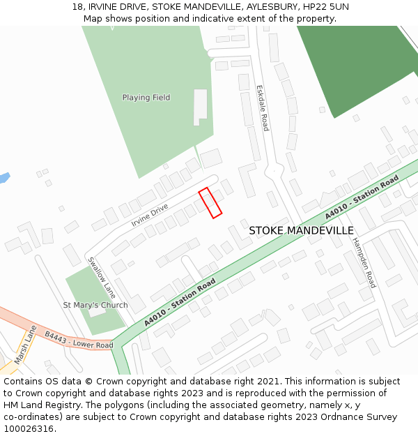 18, IRVINE DRIVE, STOKE MANDEVILLE, AYLESBURY, HP22 5UN: Location map and indicative extent of plot