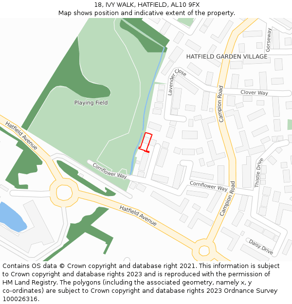 18, IVY WALK, HATFIELD, AL10 9FX: Location map and indicative extent of plot