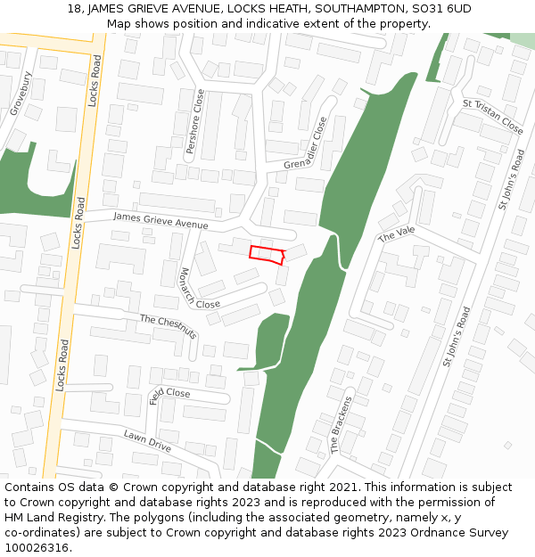 18, JAMES GRIEVE AVENUE, LOCKS HEATH, SOUTHAMPTON, SO31 6UD: Location map and indicative extent of plot