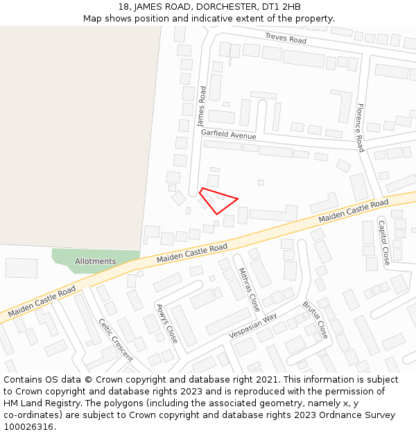 18, JAMES ROAD, DORCHESTER, DT1 2HB: Location map and indicative extent of plot