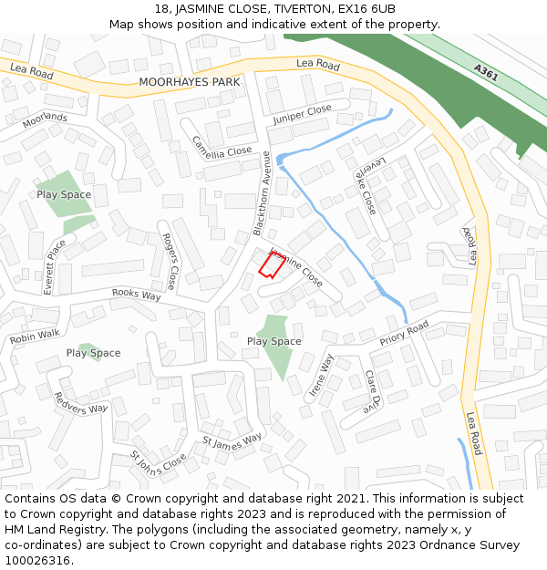 18, JASMINE CLOSE, TIVERTON, EX16 6UB: Location map and indicative extent of plot