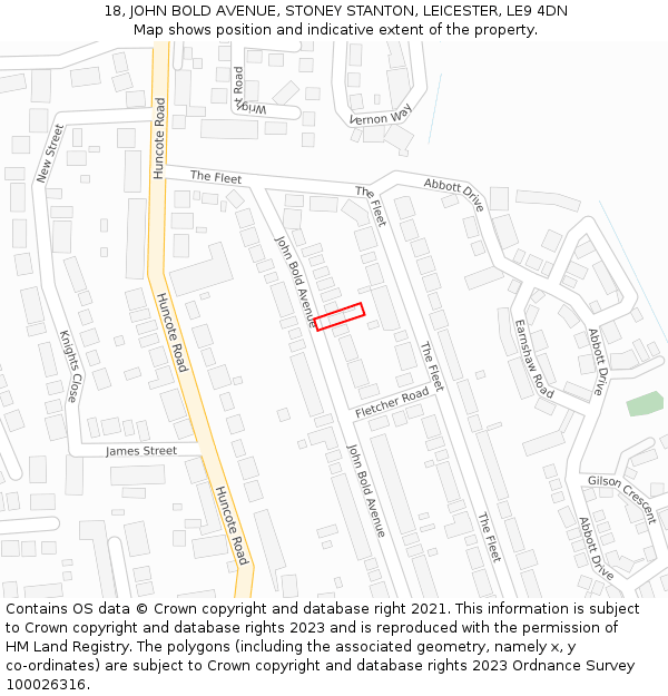 18, JOHN BOLD AVENUE, STONEY STANTON, LEICESTER, LE9 4DN: Location map and indicative extent of plot