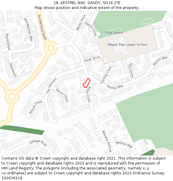 18, KESTREL WAY, SANDY, SG19 2TE: Location map and indicative extent of plot