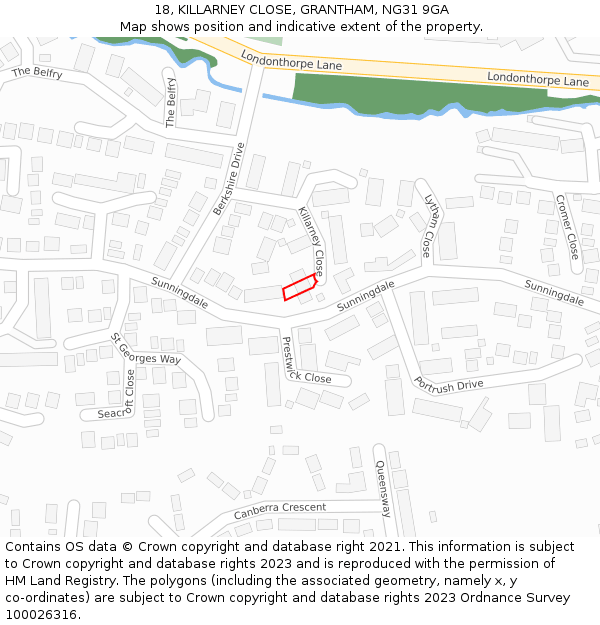 18, KILLARNEY CLOSE, GRANTHAM, NG31 9GA: Location map and indicative extent of plot