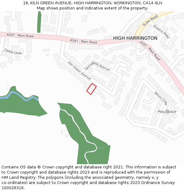 18, KILN GREEN AVENUE, HIGH HARRINGTON, WORKINGTON, CA14 4LN: Location map and indicative extent of plot