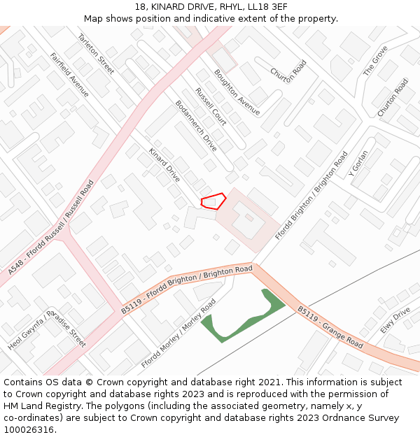 18, KINARD DRIVE, RHYL, LL18 3EF: Location map and indicative extent of plot