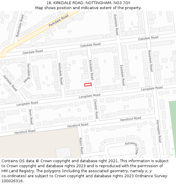 18, KIRKDALE ROAD, NOTTINGHAM, NG3 7GY: Location map and indicative extent of plot