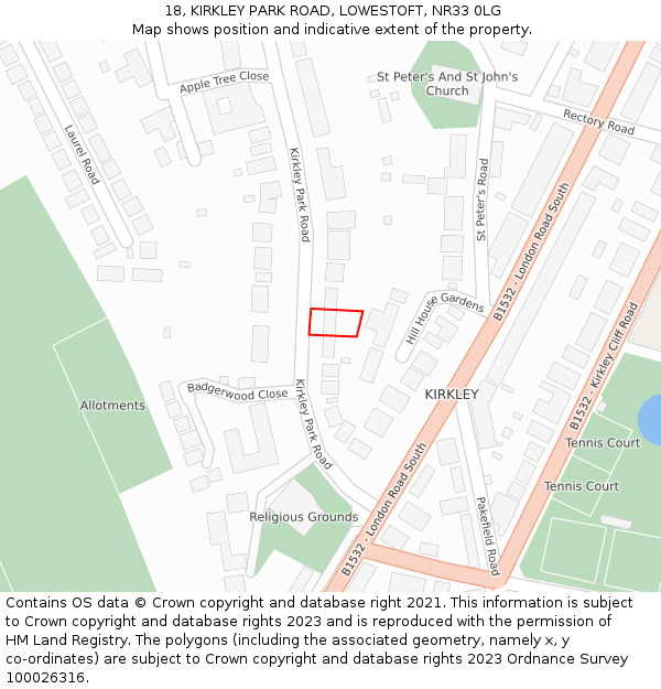 18, KIRKLEY PARK ROAD, LOWESTOFT, NR33 0LG: Location map and indicative extent of plot