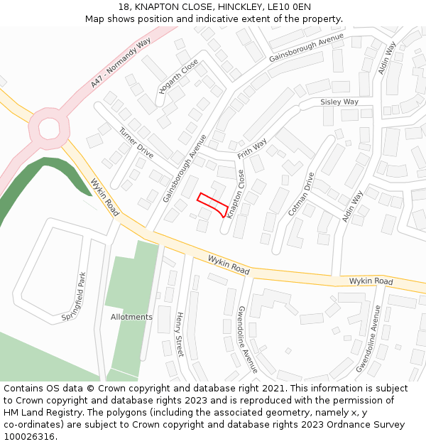 18, KNAPTON CLOSE, HINCKLEY, LE10 0EN: Location map and indicative extent of plot