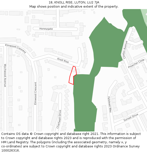 18, KNOLL RISE, LUTON, LU2 7JA: Location map and indicative extent of plot