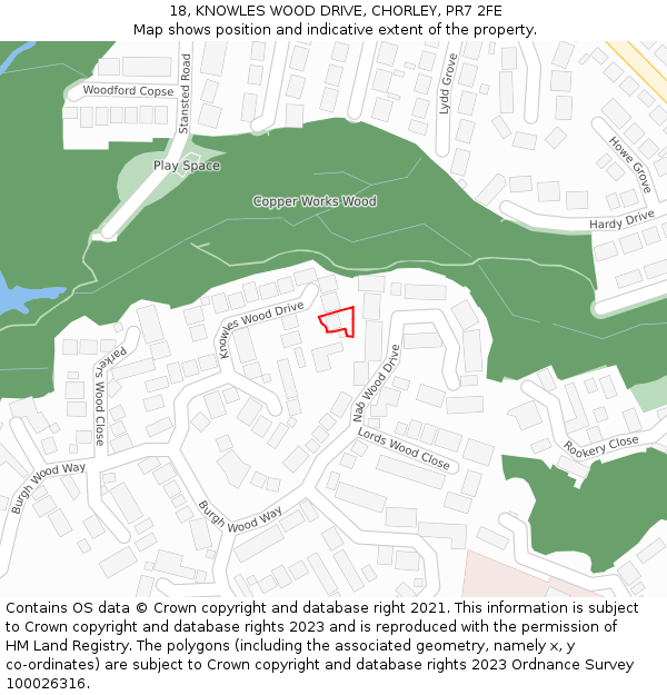 18, KNOWLES WOOD DRIVE, CHORLEY, PR7 2FE: Location map and indicative extent of plot