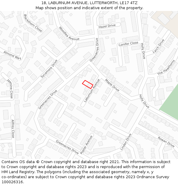 18, LABURNUM AVENUE, LUTTERWORTH, LE17 4TZ: Location map and indicative extent of plot