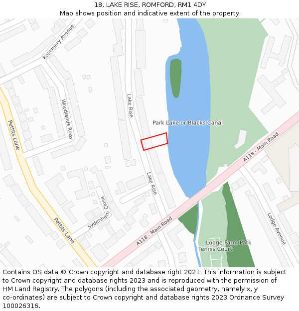 18, LAKE RISE, ROMFORD, RM1 4DY: Location map and indicative extent of plot