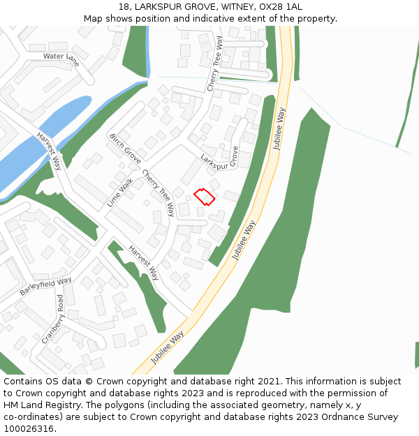 18, LARKSPUR GROVE, WITNEY, OX28 1AL: Location map and indicative extent of plot