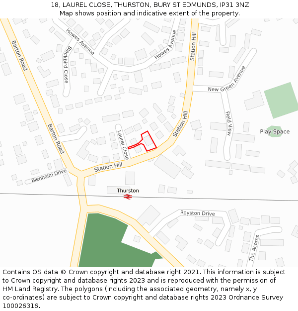 18, LAUREL CLOSE, THURSTON, BURY ST EDMUNDS, IP31 3NZ: Location map and indicative extent of plot